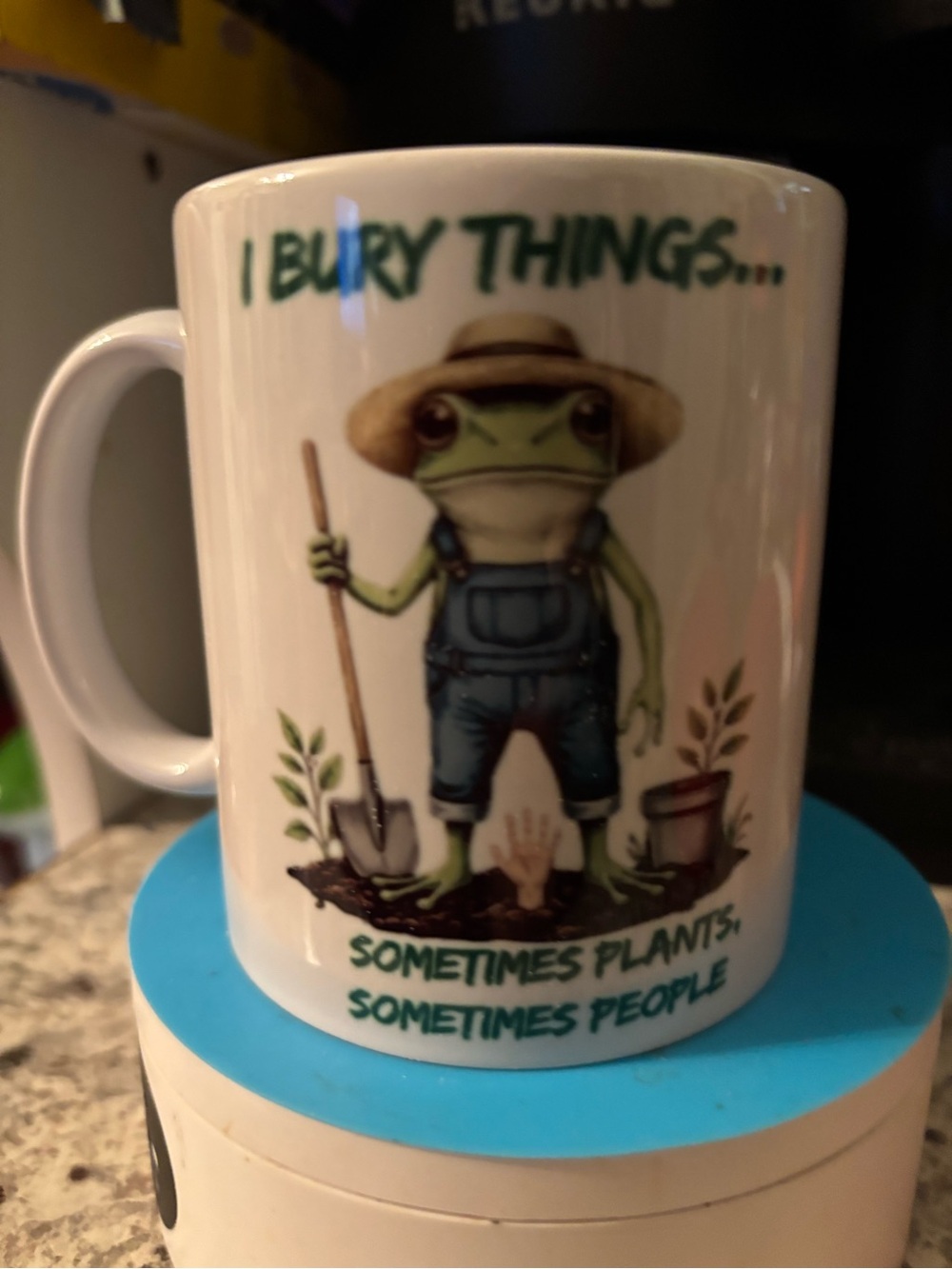Hand Crafted White Mug with Green Frog Gardener Design